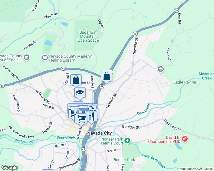 map of restaurants, bars, coffee shops, grocery stores, and more near 431 Uren Street in Nevada City