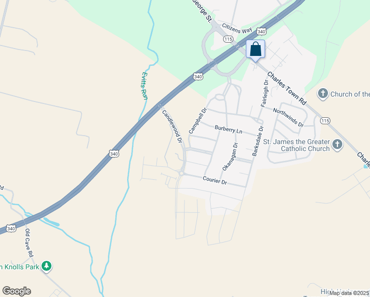 map of restaurants, bars, coffee shops, grocery stores, and more near Candlewood Drive in Charles Town