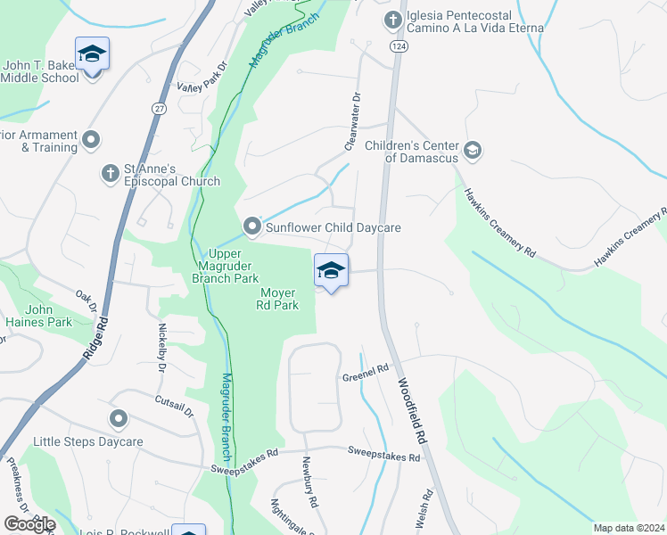 map of restaurants, bars, coffee shops, grocery stores, and more near 25019 Angela Court in Damascus