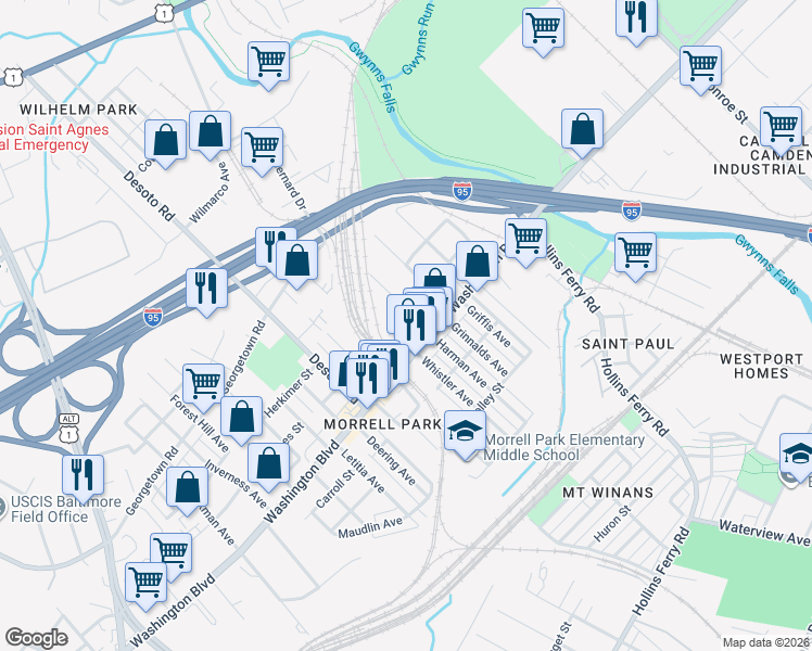map of restaurants, bars, coffee shops, grocery stores, and more near 2507 James Street in Baltimore