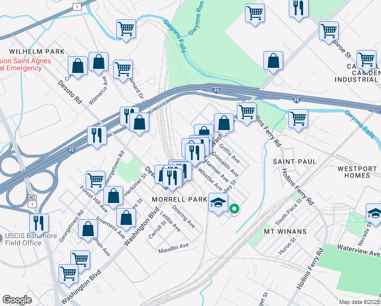map of restaurants, bars, coffee shops, grocery stores, and more near 2507 James Street in Baltimore