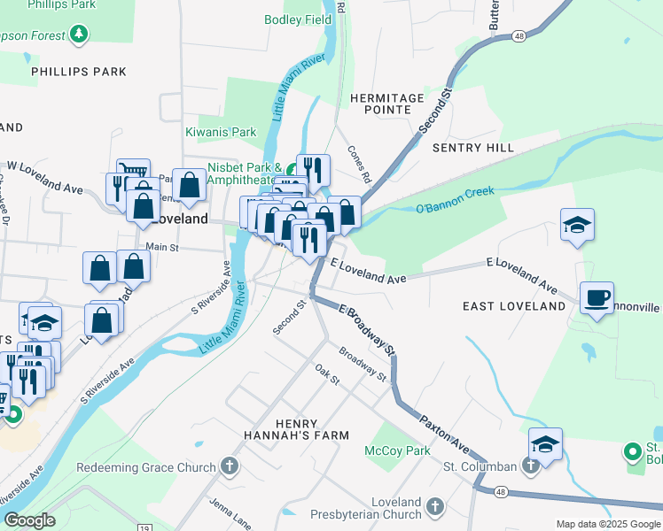 map of restaurants, bars, coffee shops, grocery stores, and more near 110 East Loveland Avenue in Loveland