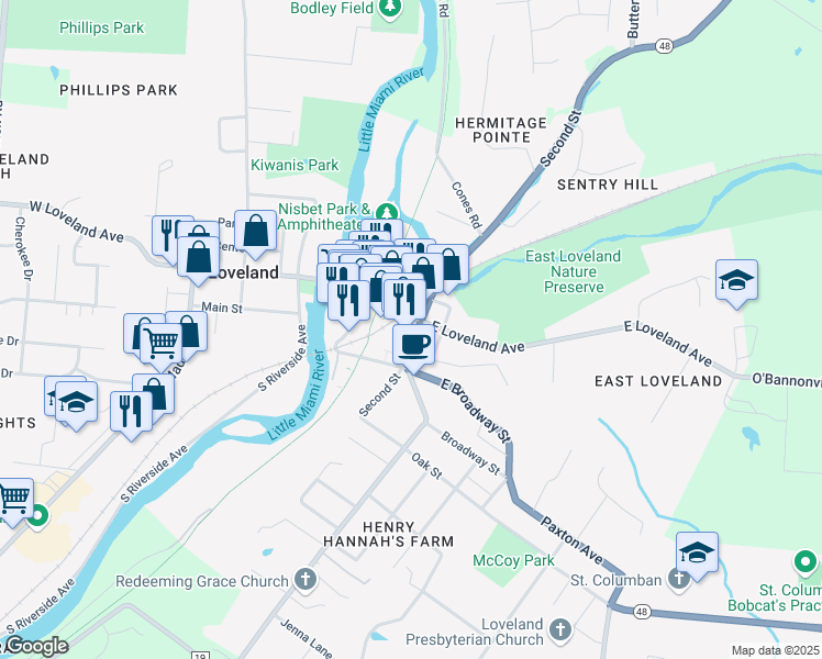 map of restaurants, bars, coffee shops, grocery stores, and more near 102 West Loveland Avenue in Loveland