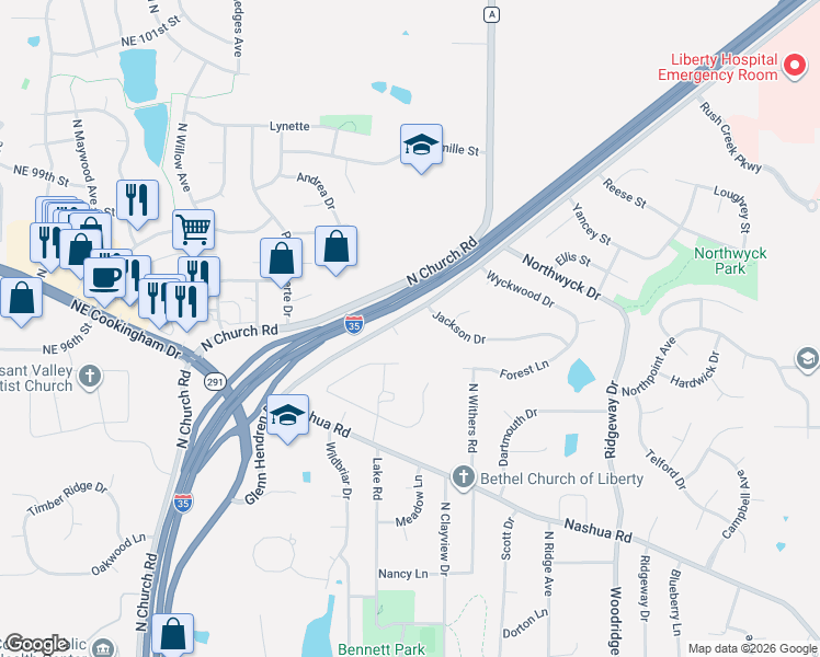 map of restaurants, bars, coffee shops, grocery stores, and more near 1803 Glenn Hendren Drive in Liberty