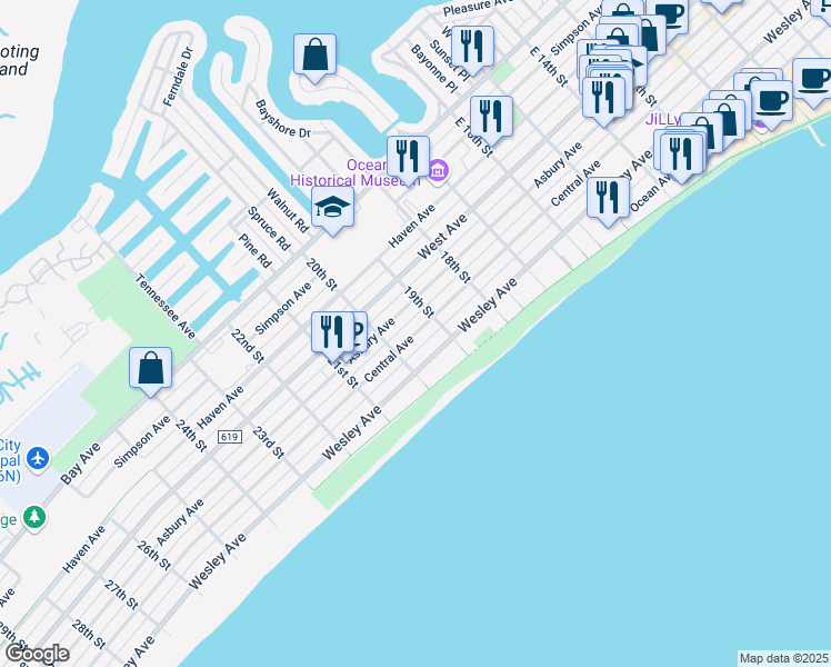 map of restaurants, bars, coffee shops, grocery stores, and more near 1921 Central Avenue in Ocean City
