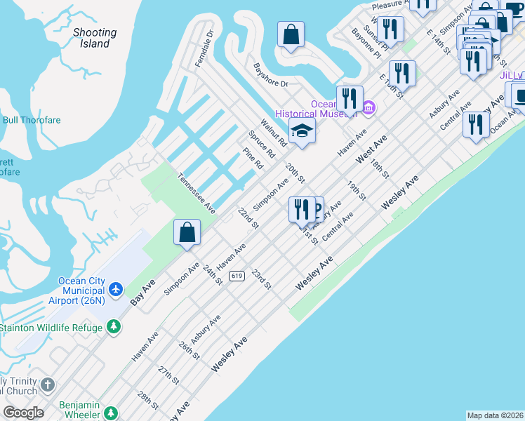 map of restaurants, bars, coffee shops, grocery stores, and more near 2121 Simpson Avenue in Ocean City