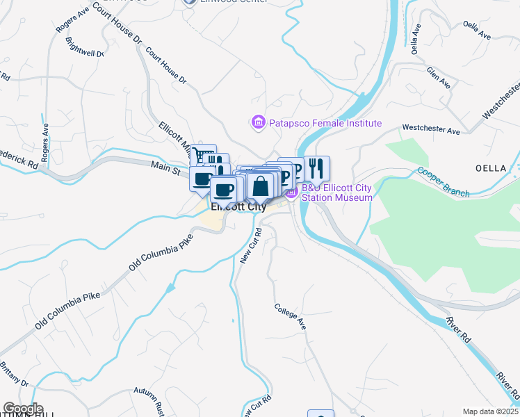 map of restaurants, bars, coffee shops, grocery stores, and more near 8141 Main Street in Ellicott City