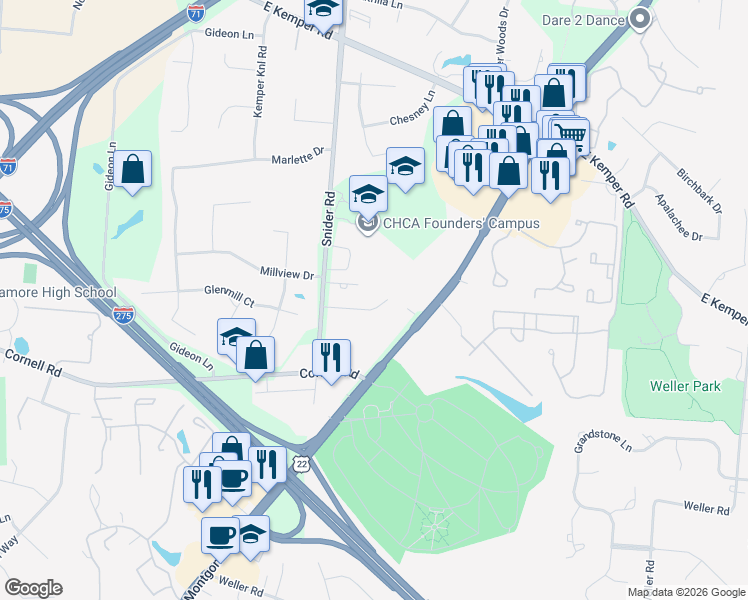 map of restaurants, bars, coffee shops, grocery stores, and more near 8362 Vicksburg Drive in Cincinnati