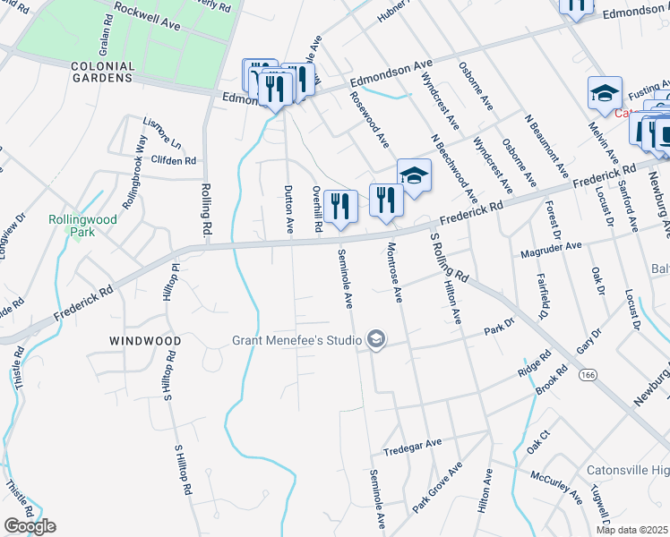 map of restaurants, bars, coffee shops, grocery stores, and more near 6 Seminole Avenue in Catonsville