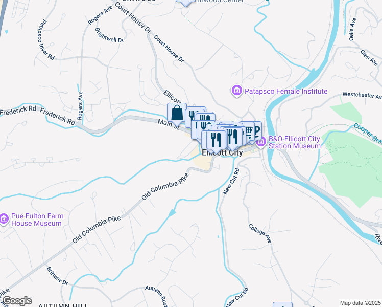 map of restaurants, bars, coffee shops, grocery stores, and more near 8407 Merryman Street in Ellicott City