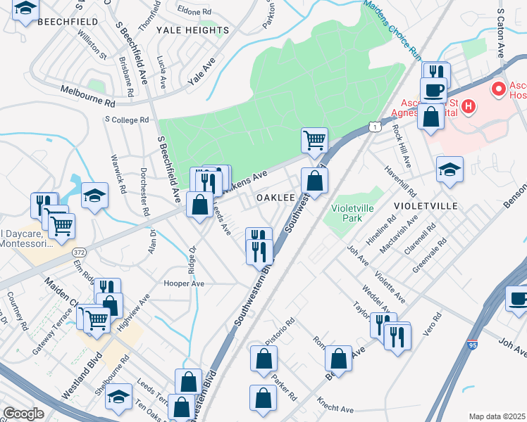 map of restaurants, bars, coffee shops, grocery stores, and more near 1003 Arion Park Road in Baltimore