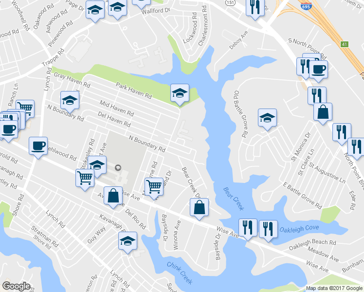 map of restaurants, bars, coffee shops, grocery stores, and more near 8273 Del Haven Road in Dundalk