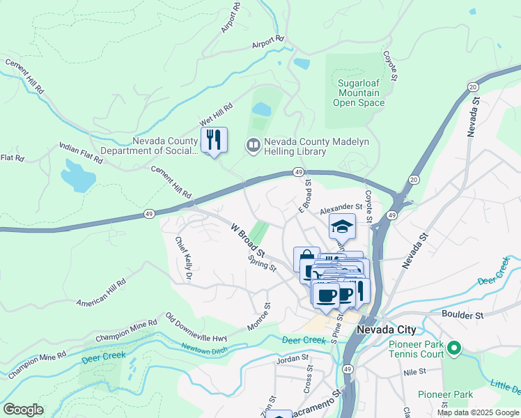 map of restaurants, bars, coffee shops, grocery stores, and more near 123 Orchard Street in Nevada City