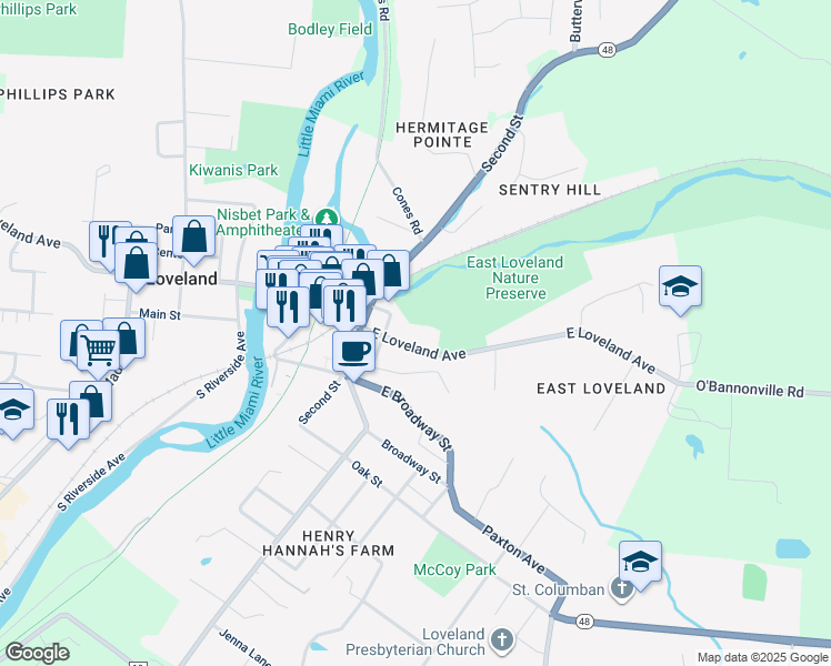 map of restaurants, bars, coffee shops, grocery stores, and more near 225 East Loveland Avenue in Loveland