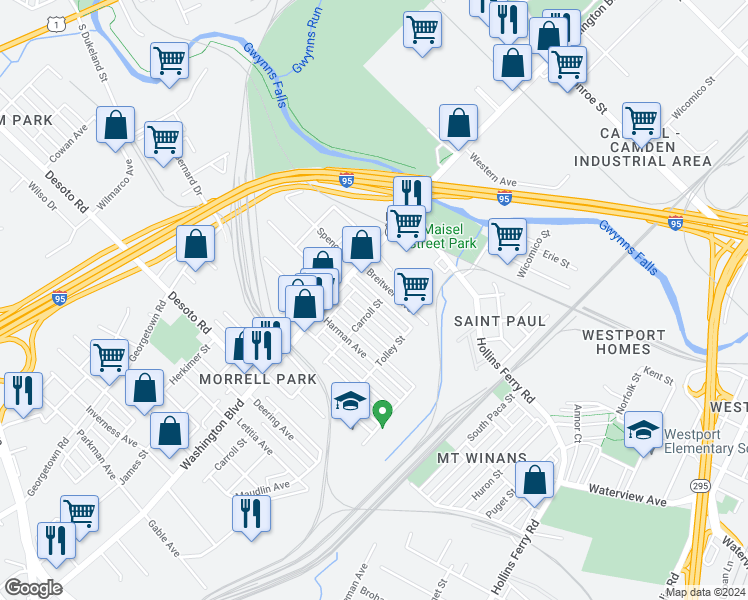 map of restaurants, bars, coffee shops, grocery stores, and more near 1949 Griffis Avenue in Baltimore