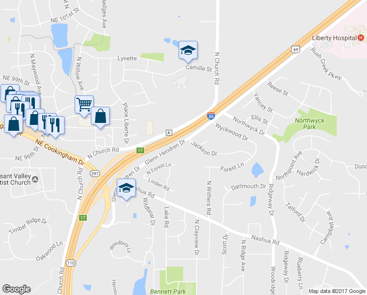 map of restaurants, bars, coffee shops, grocery stores, and more near 1803 Glenn Hendren Drive in Liberty