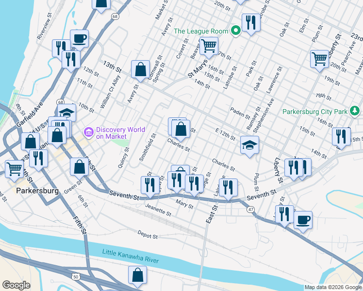 map of restaurants, bars, coffee shops, grocery stores, and more near 1100 Lynn Street in Parkersburg