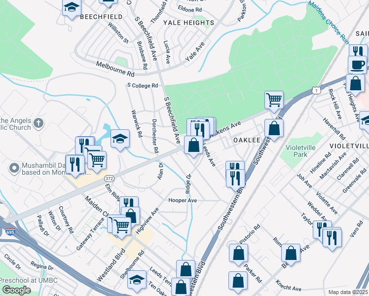 map of restaurants, bars, coffee shops, grocery stores, and more near 901 South Beechfield Avenue in Baltimore