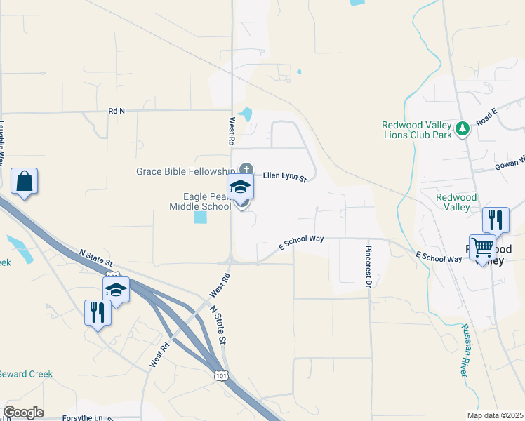 map of restaurants, bars, coffee shops, grocery stores, and more near Road East (~26 segments) in Redwood Valley