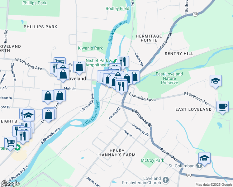 map of restaurants, bars, coffee shops, grocery stores, and more near 102 West Loveland Avenue in Loveland