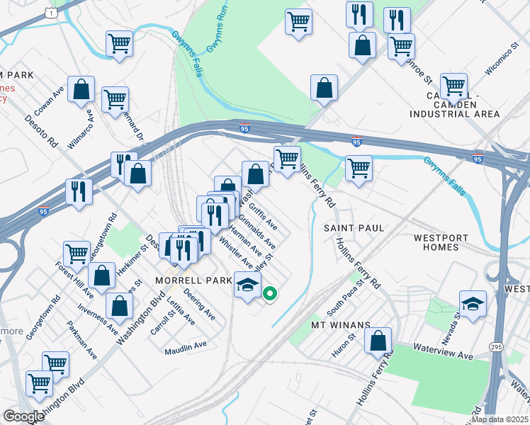 map of restaurants, bars, coffee shops, grocery stores, and more near 1949 Griffis Avenue in Baltimore