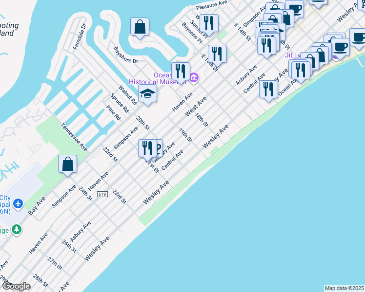 map of restaurants, bars, coffee shops, grocery stores, and more near 1921 Central Avenue in Ocean City
