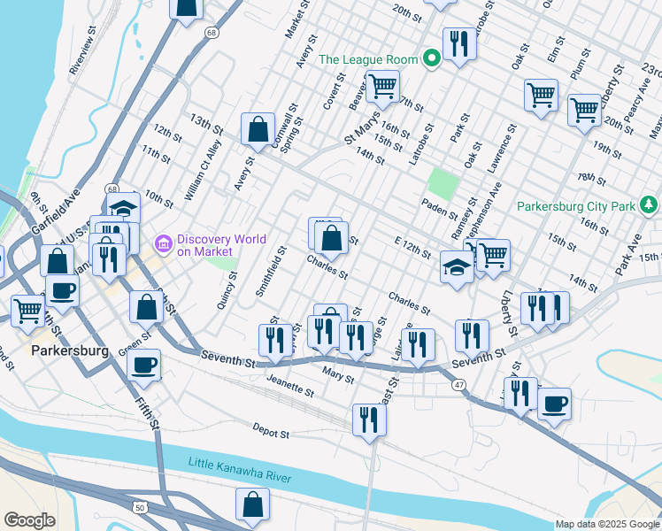map of restaurants, bars, coffee shops, grocery stores, and more near 1041 Latrobe Street in Parkersburg