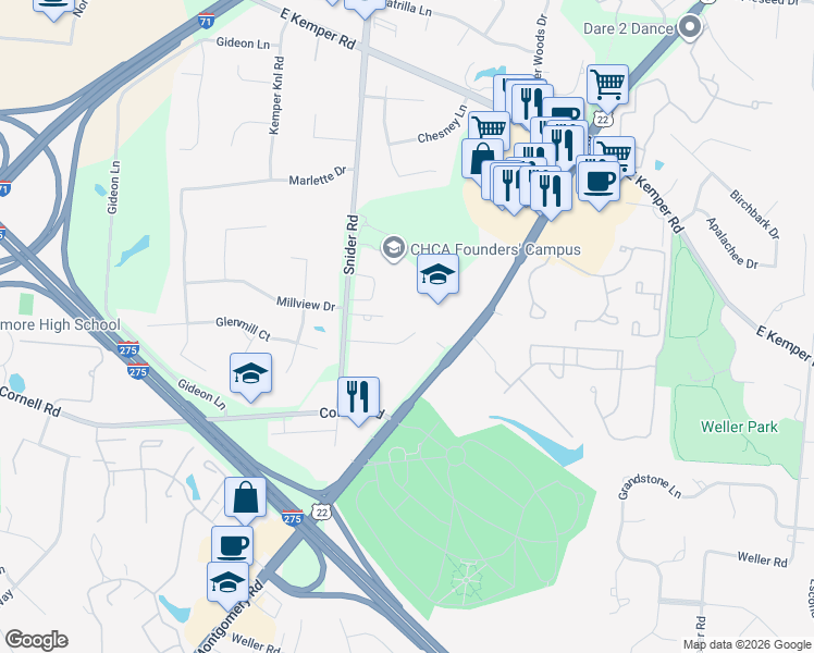map of restaurants, bars, coffee shops, grocery stores, and more near 8362 Vicksburg Drive in Cincinnati