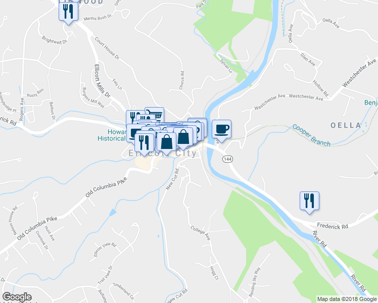 map of restaurants, bars, coffee shops, grocery stores, and more near 8081 Main Street in Ellicott City