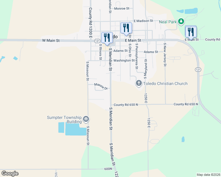 map of restaurants, bars, coffee shops, grocery stores, and more near 505 South Meridian Street in Toledo