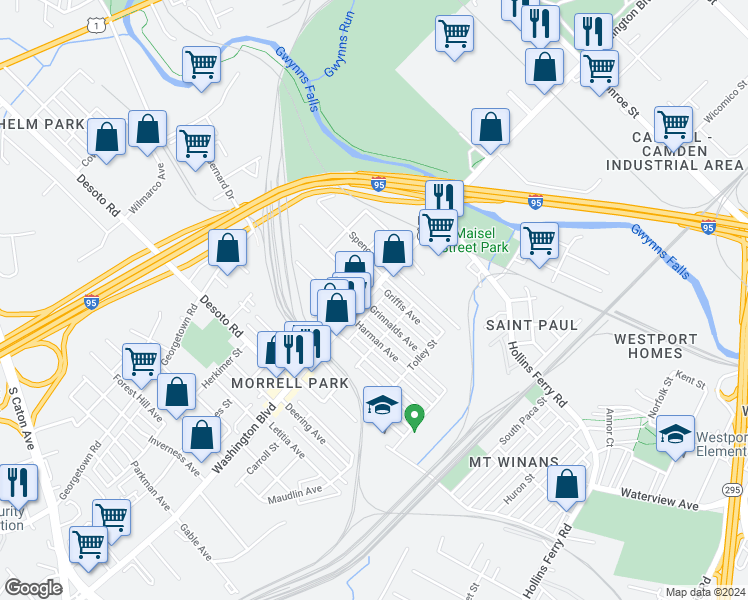 map of restaurants, bars, coffee shops, grocery stores, and more near 2429 Washington Boulevard in Baltimore