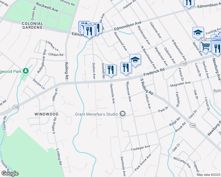 map of restaurants, bars, coffee shops, grocery stores, and more near 6 Seminole Avenue in Catonsville