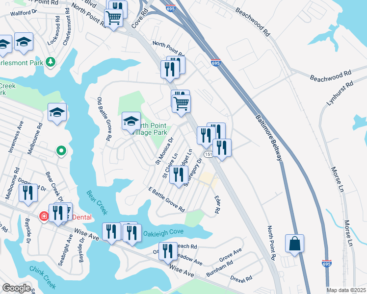 map of restaurants, bars, coffee shops, grocery stores, and more near 7955 Saint Claire Lane in Dundalk