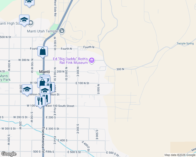 map of restaurants, bars, coffee shops, grocery stores, and more near 169 North 470 East Street in Manti