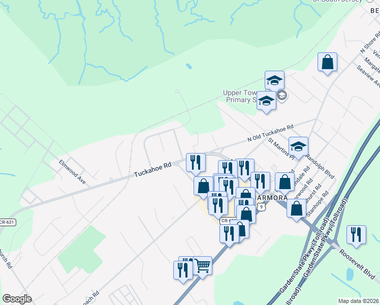 map of restaurants, bars, coffee shops, grocery stores, and more near 29 South Old Tuckahoe Road in Marmora