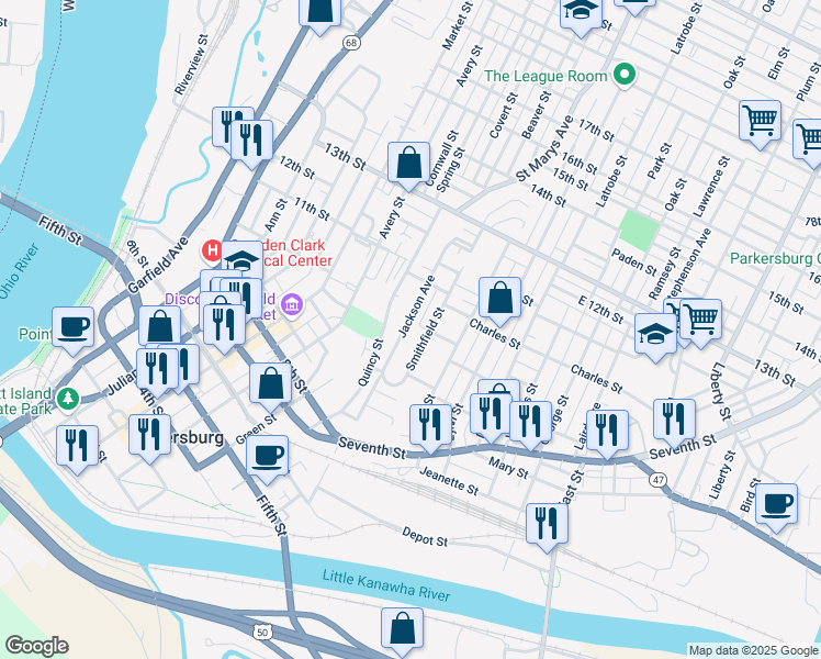 map of restaurants, bars, coffee shops, grocery stores, and more near 998 Jackson Avenue in Parkersburg
