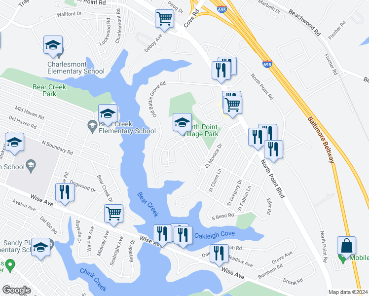 map of restaurants, bars, coffee shops, grocery stores, and more near 4002 Saint Monica Drive in Dundalk