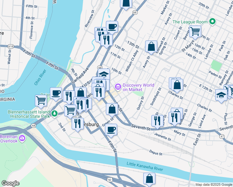 map of restaurants, bars, coffee shops, grocery stores, and more near 323 8th Street in Parkersburg