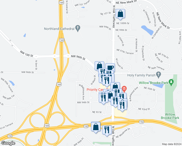 map of restaurants, bars, coffee shops, grocery stores, and more near 31 Northwest 95th Place in Kansas City