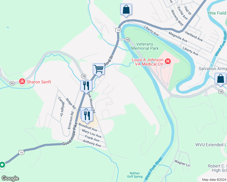 map of restaurants, bars, coffee shops, grocery stores, and more near 246 Oak Mound Drive in Clarksburg