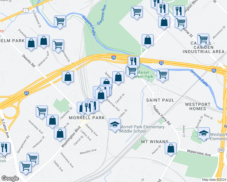 map of restaurants, bars, coffee shops, grocery stores, and more near 2419 Washington Boulevard in Baltimore