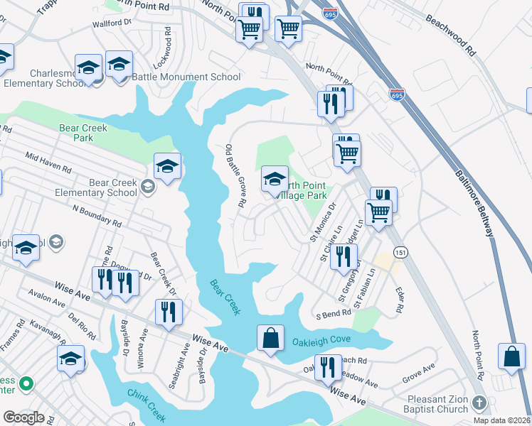 map of restaurants, bars, coffee shops, grocery stores, and more near 7813 Saint Patricia Lane in Dundalk