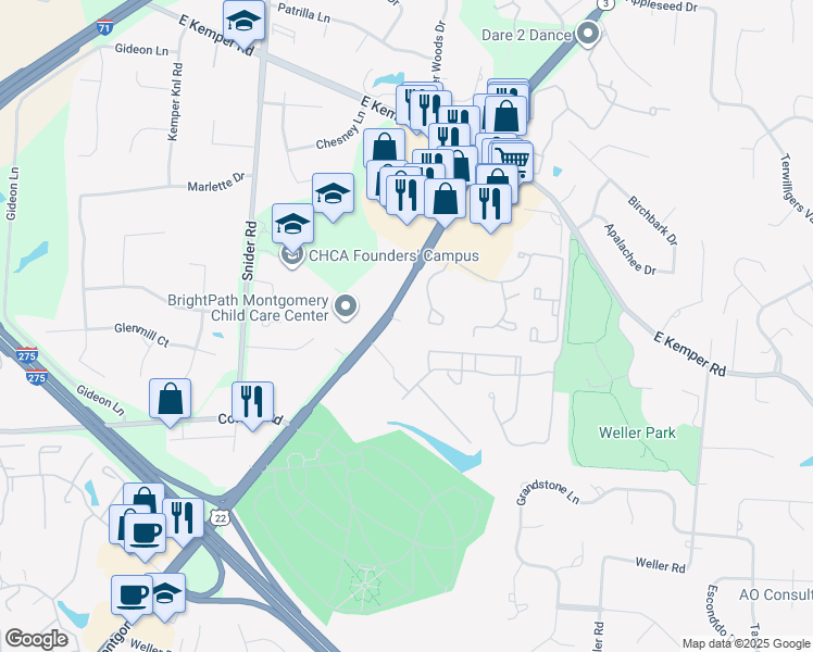 map of restaurants, bars, coffee shops, grocery stores, and more near 11212 Montgomery Road in Cincinnati