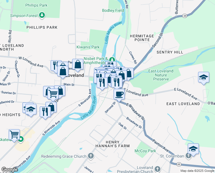 map of restaurants, bars, coffee shops, grocery stores, and more near 119 Karl Brown Way in Loveland