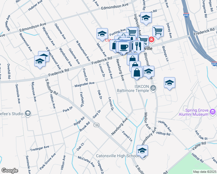 map of restaurants, bars, coffee shops, grocery stores, and more near 107 Locust Drive in Catonsville