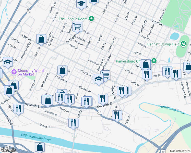 map of restaurants, bars, coffee shops, grocery stores, and more near 1210 Laird Avenue in Parkersburg