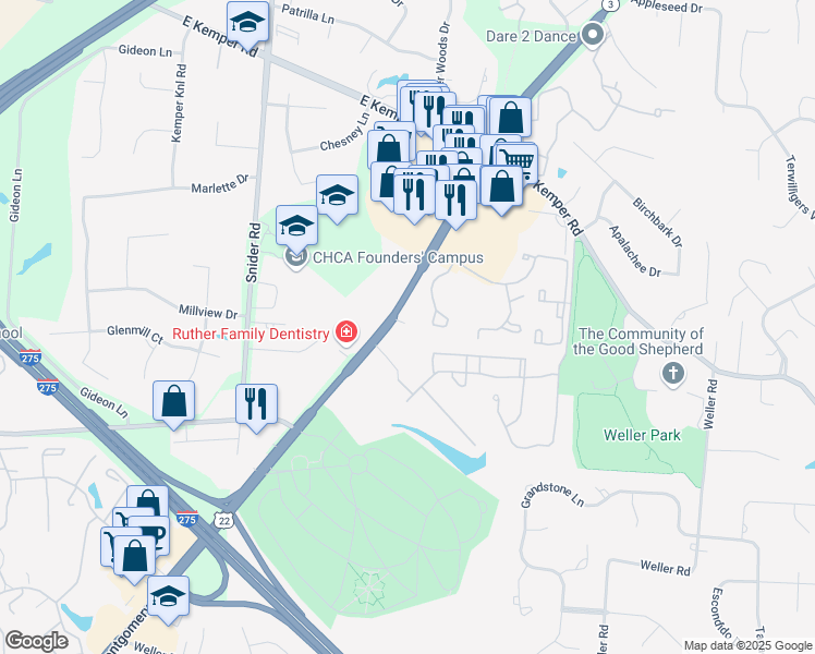 map of restaurants, bars, coffee shops, grocery stores, and more near 11210 Montgomery Road in Cincinnati