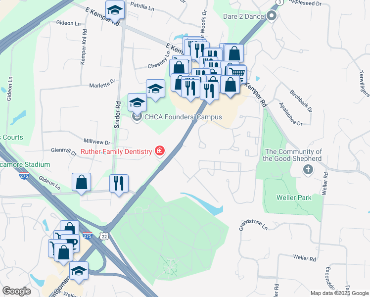 map of restaurants, bars, coffee shops, grocery stores, and more near 11210 Montgomery Road in Cincinnati