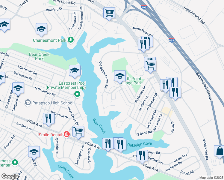 map of restaurants, bars, coffee shops, grocery stores, and more near 7808 Saint Patricia Lane in Dundalk
