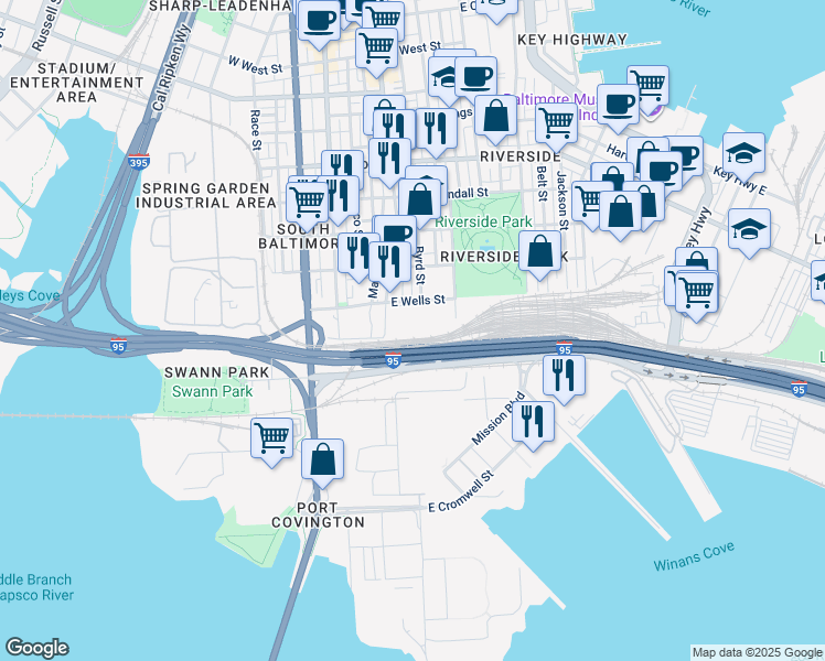 map of restaurants, bars, coffee shops, grocery stores, and more near 101 East Wells Street in Baltimore